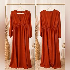 SHEIN Rust Long Sleeve V-Neck Maxi Dress